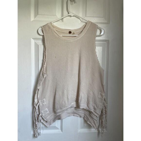 Free People Ivory Waffle Knit Open Sides tank top sleeveless Size M READ!! - Picture 1 of 8